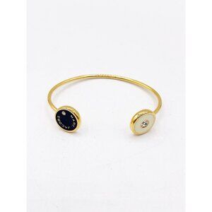 Marc Jacobs Gold Tone Open Cuff Bracelet Enamel Logo Disc Adjustable Designer
